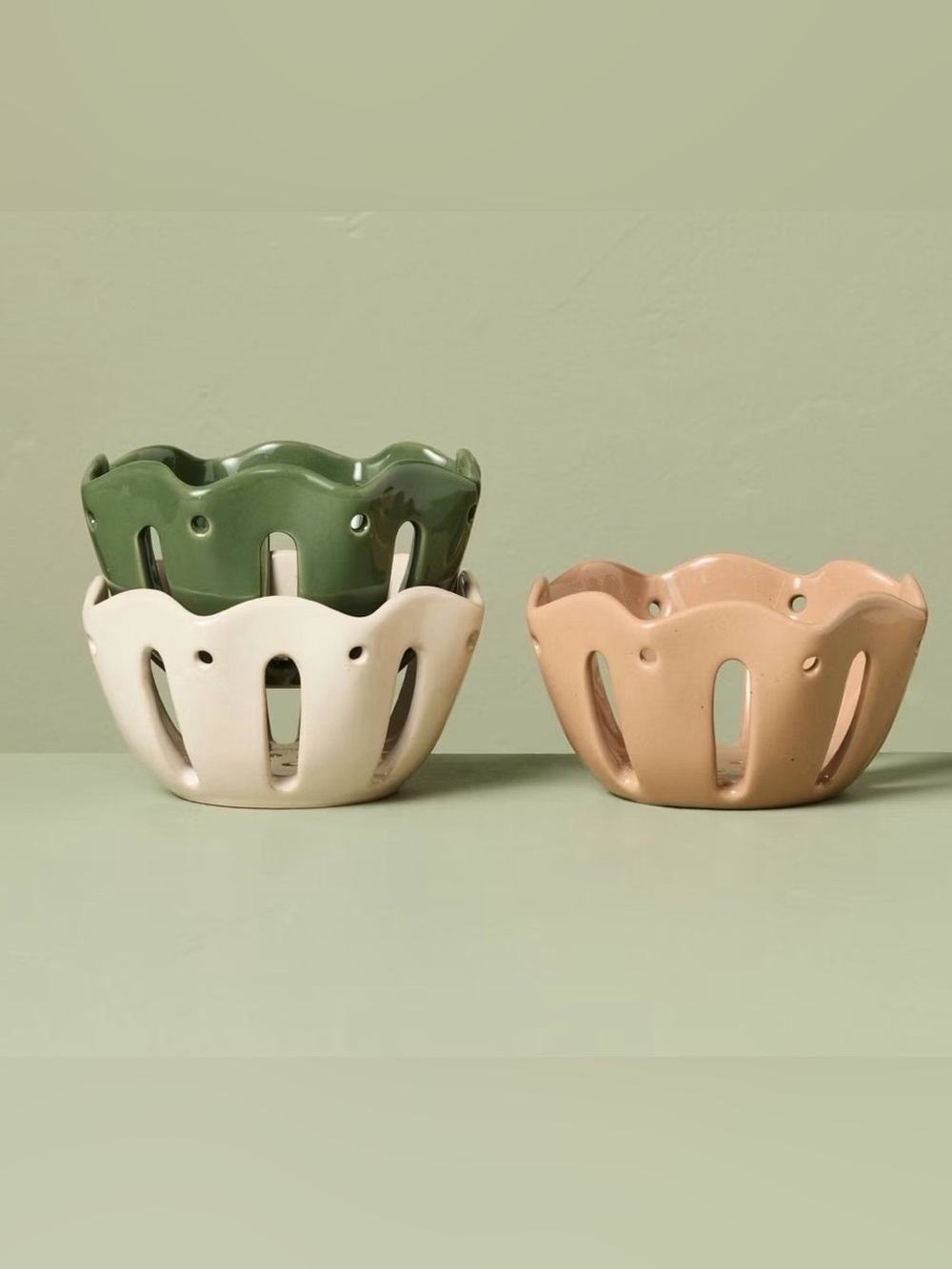 Set of 3 Stoneware Wavy Edge Berry Serving Bowls Tan/Green/Cream - Hearth & Hand